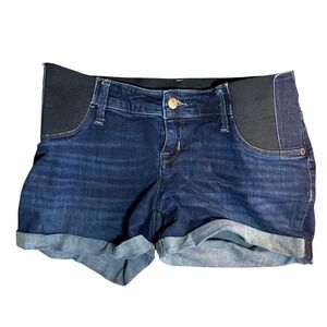 Isabel Maternity Dark Wash Side Panel Midi Denim Shorts Summer Classic Stretch